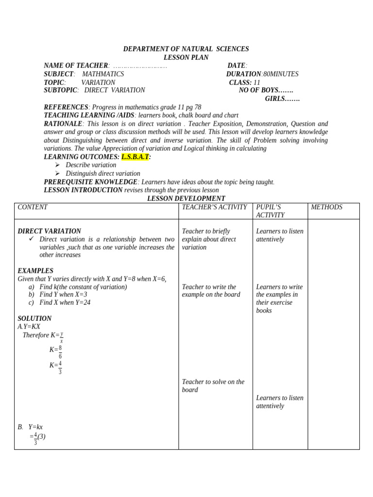 Direct Variation Lesson Plan for Grade 11 | PDF | Learning | Teachers