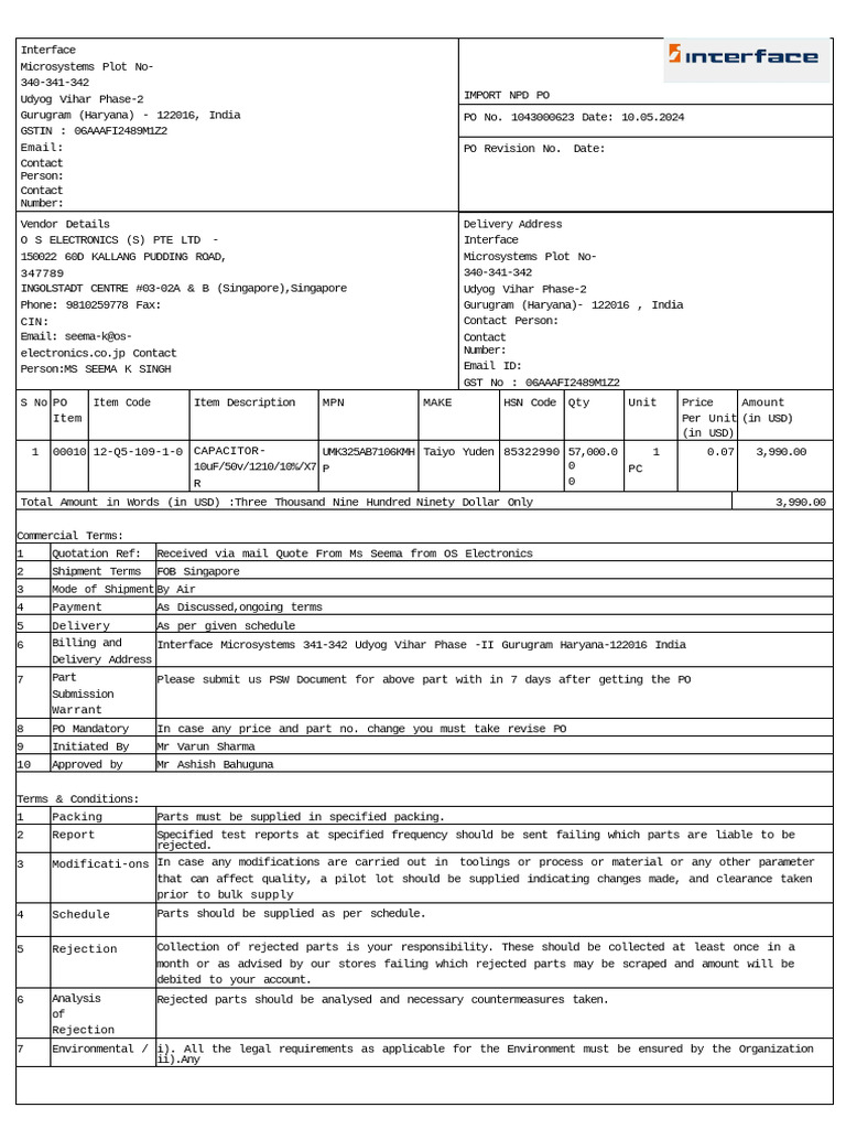Interface Microsystems Purchase Order 1043000623 | PDF | Computing