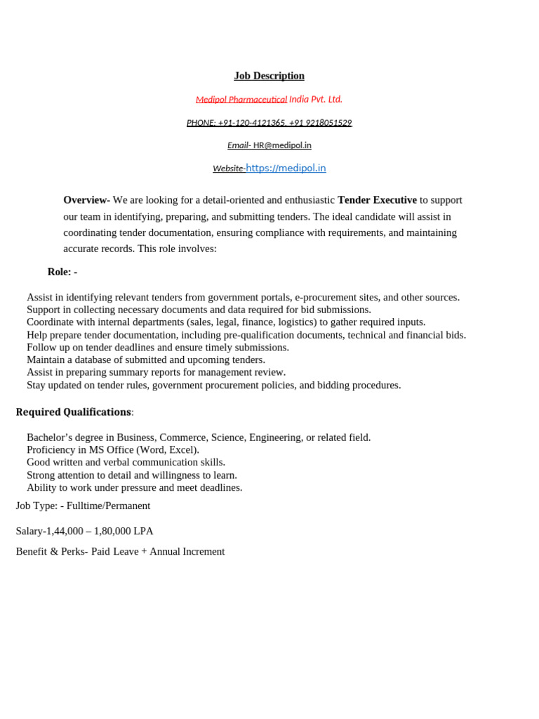 Tender Executive Job Description | PDF
