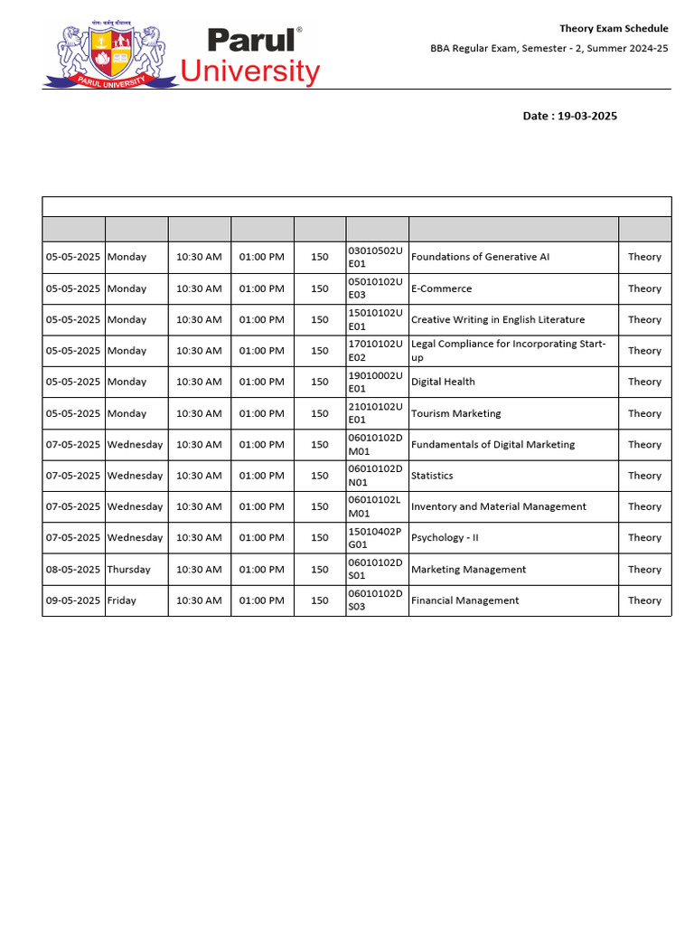 Theory Exam Schedule BBA Regular Exam Semester 2 Summer 2024 25 | PDF ...