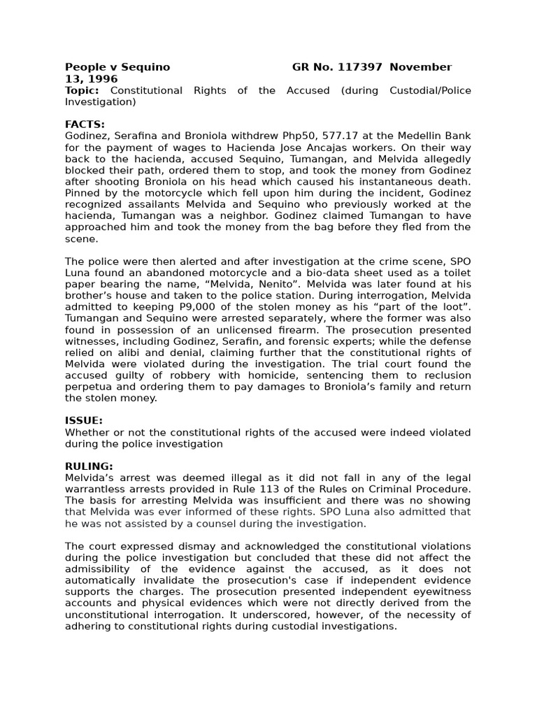 Constitutional Rights in People v Sequino | PDF | Arrest | Police