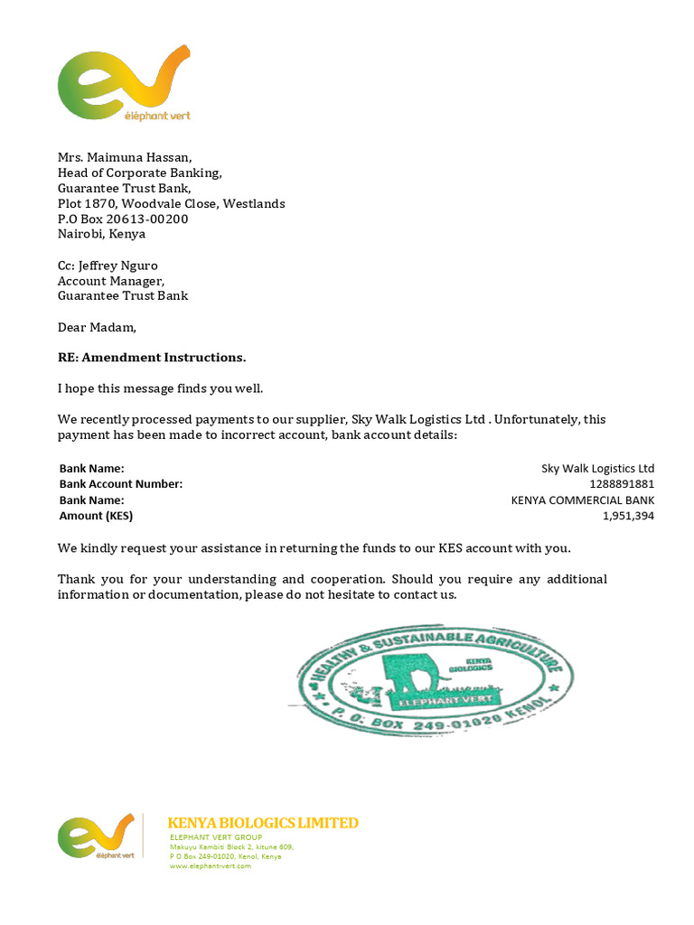 Kenya Biologics Payment Amendment Request | PDF