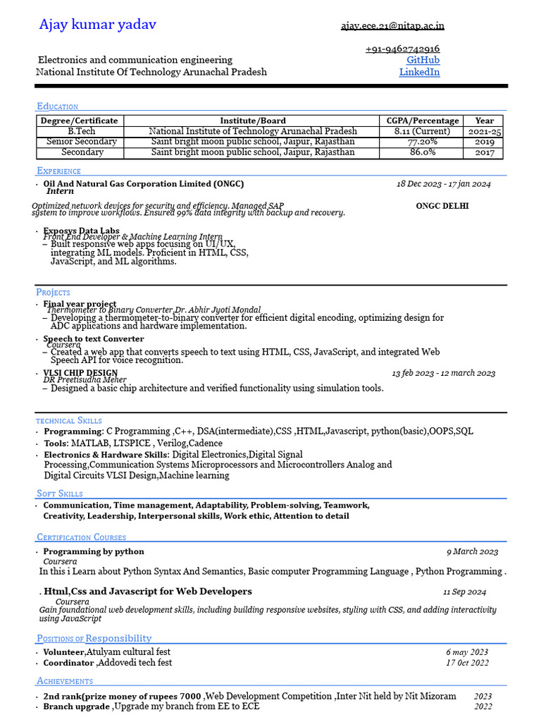 Ajay Kumar Yadav: ECE Student Profile | PDF | Web Development | Electronics