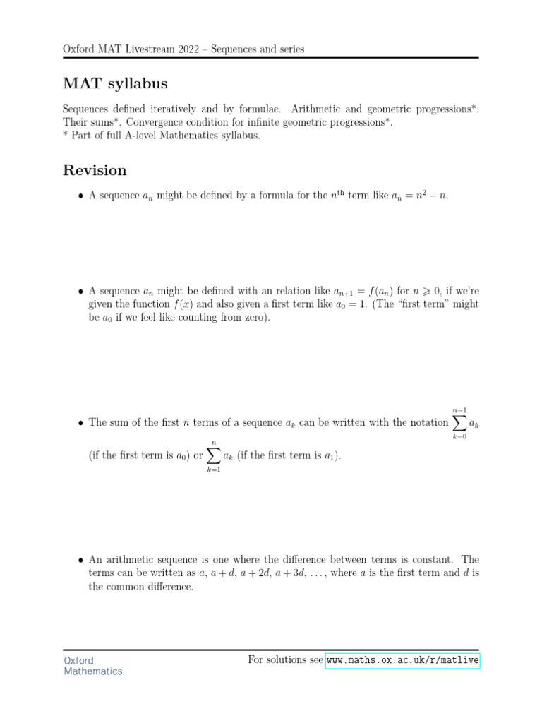 Oxford MAT 2022: Sequences & Series Guide | PDF | Sequence | Summation
