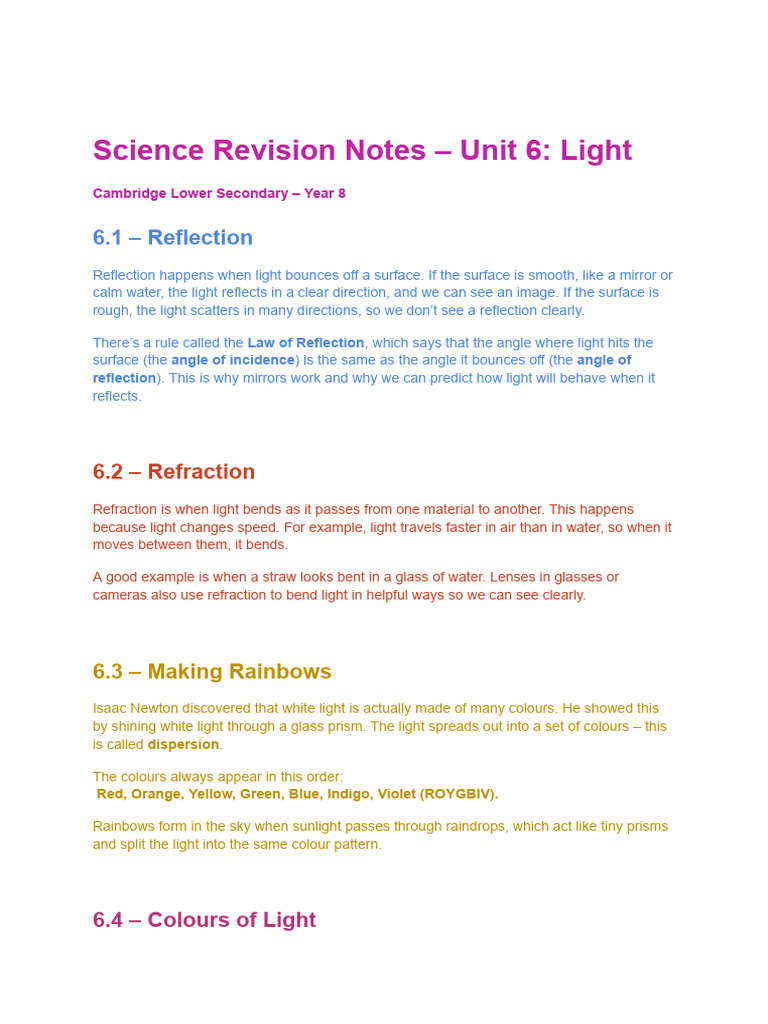 Year 8 Science: Light Revision Notes | PDF | Meteoroid | Rainbow