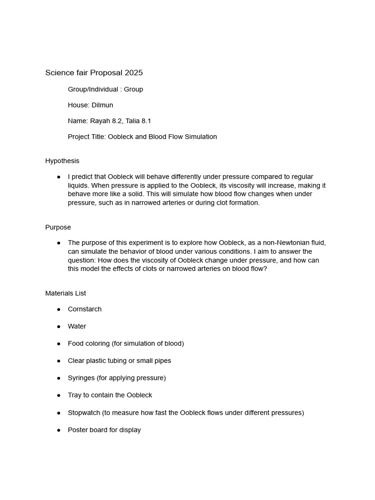 Science fair Biology Proposal 2025 | PDF | Hemodynamics | Viscosity