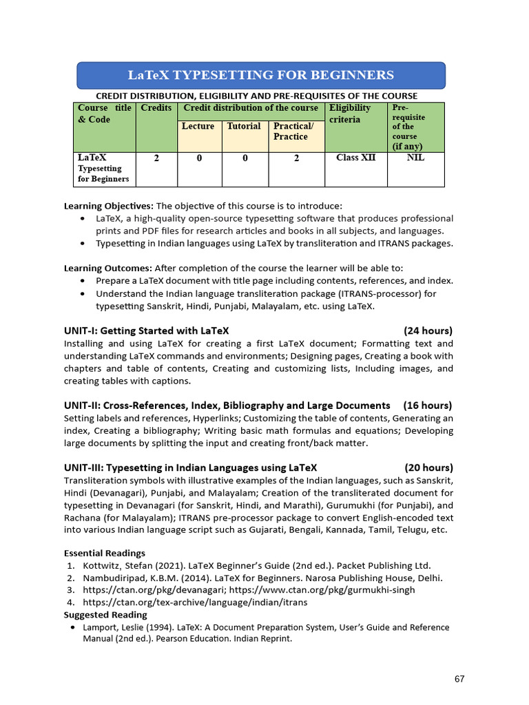 LaTeX Typesetting for Beginners Syllabus | PDF | Languages Of India ...