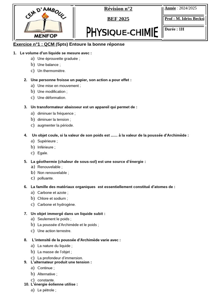 QCM Physique-Chimie BEF 2025 | PDF | Poids | Sciences physiques