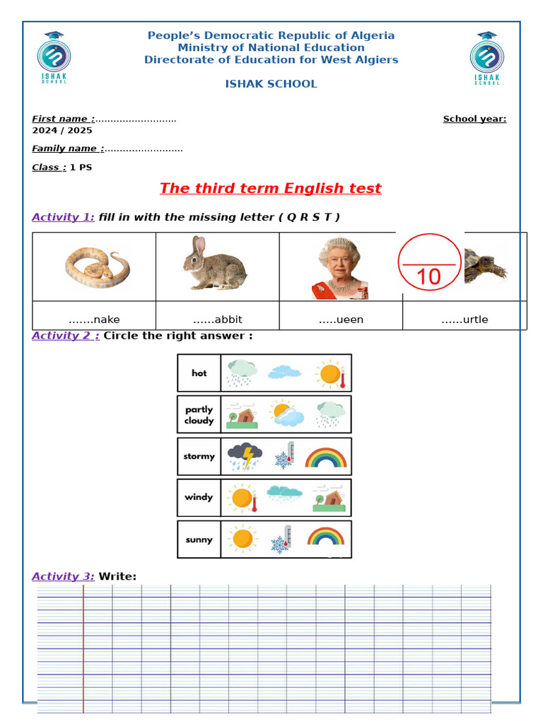 2024-2025 English Test for 1 PS Class | PDF