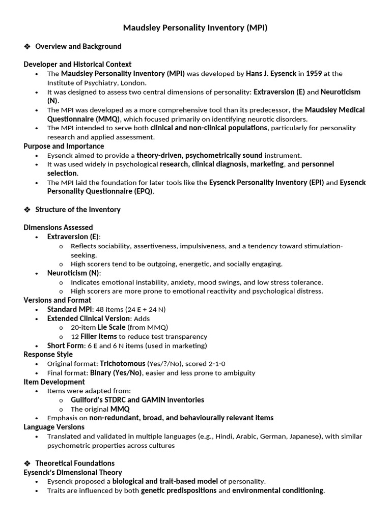 Overview of the Maudsley Personality Inventory | PDF | Extraversion And ...