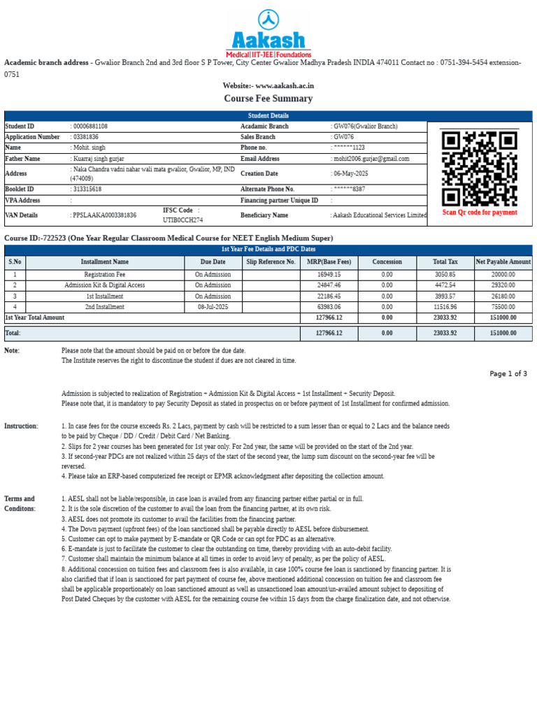 Aakash Gwalior Course Fee Structure | PDF | Payments | Credit Card
