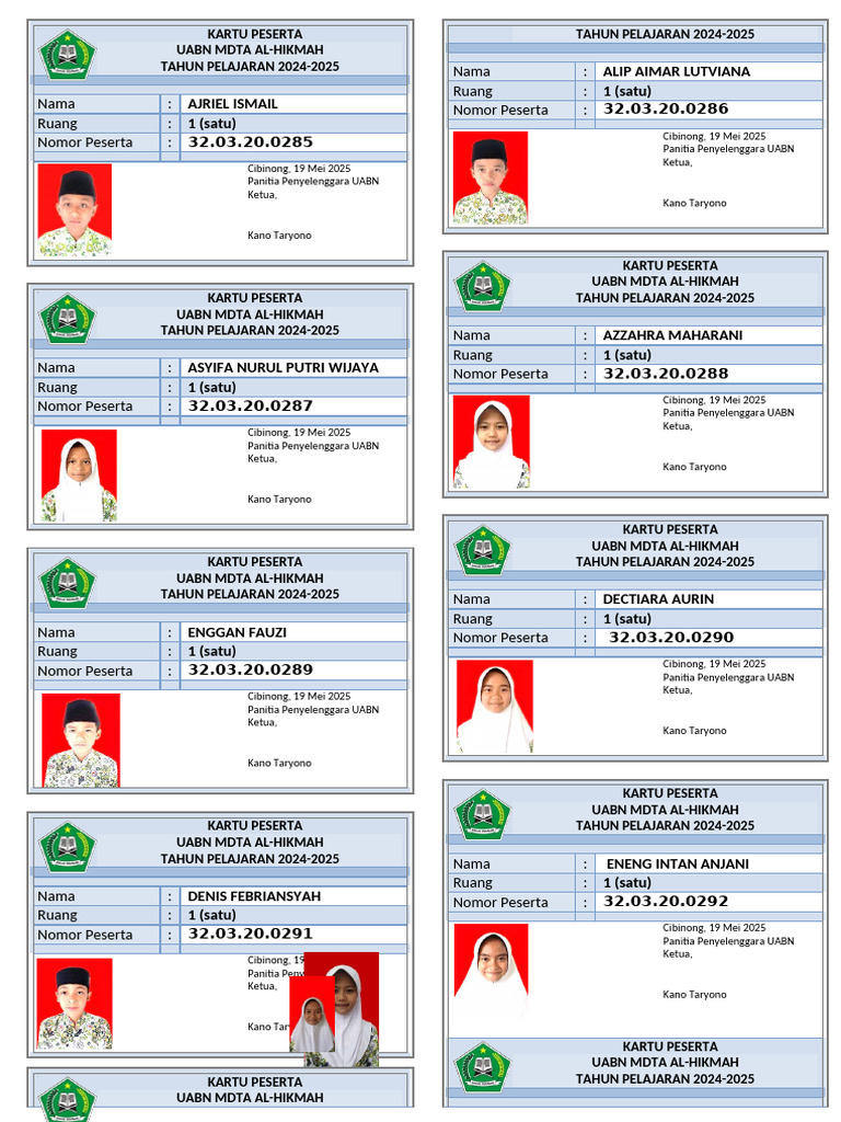 Kartu Peserta UABN MDTA Al-Hikmah 2024-2025 | PDF