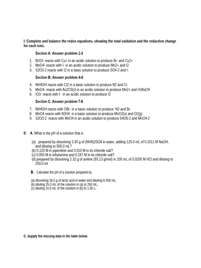 Redox Reactions and pH Calculations | PDF