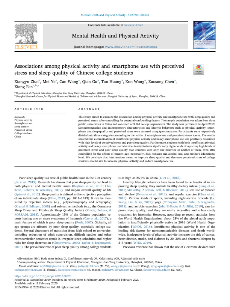Physical Activity, Smartphone Use, and Stress | PDF | Sleep