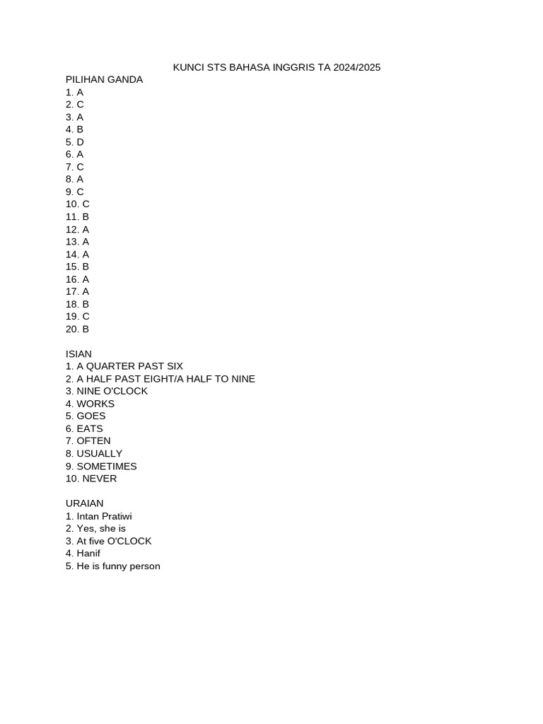 Kunci Sts Bahasa Inggris Ta 2024 - 2025 | PDF