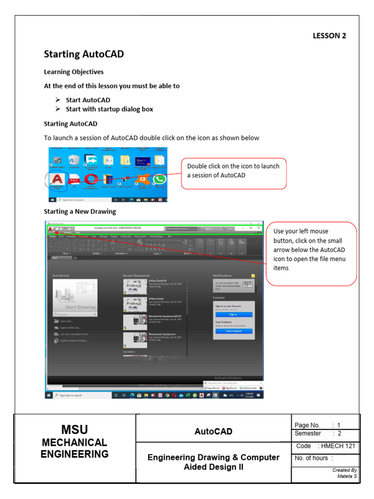Lesson 2 Starting AutoCAD | PDF | Icon (Computing) | Command Line Interface