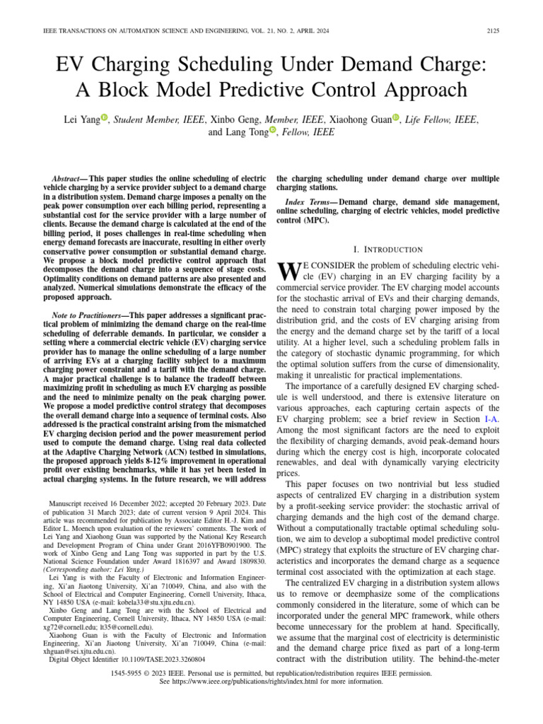 EV Charging Scheduling Under Demand Charge A Block Model Predictive ...