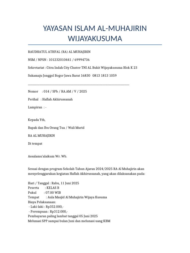 Surat Haflah Akhirussanah RA Al Muhajirin 2025 | PDF