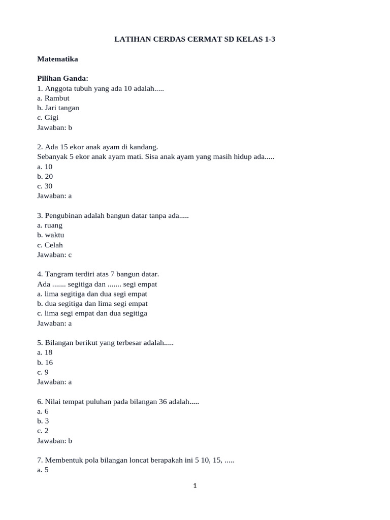 Mengasah Kecerdasan Sejak Dini: Panduan Lengkap Soal Cerdas Cermat SD Kelas 1, 2, dan 3