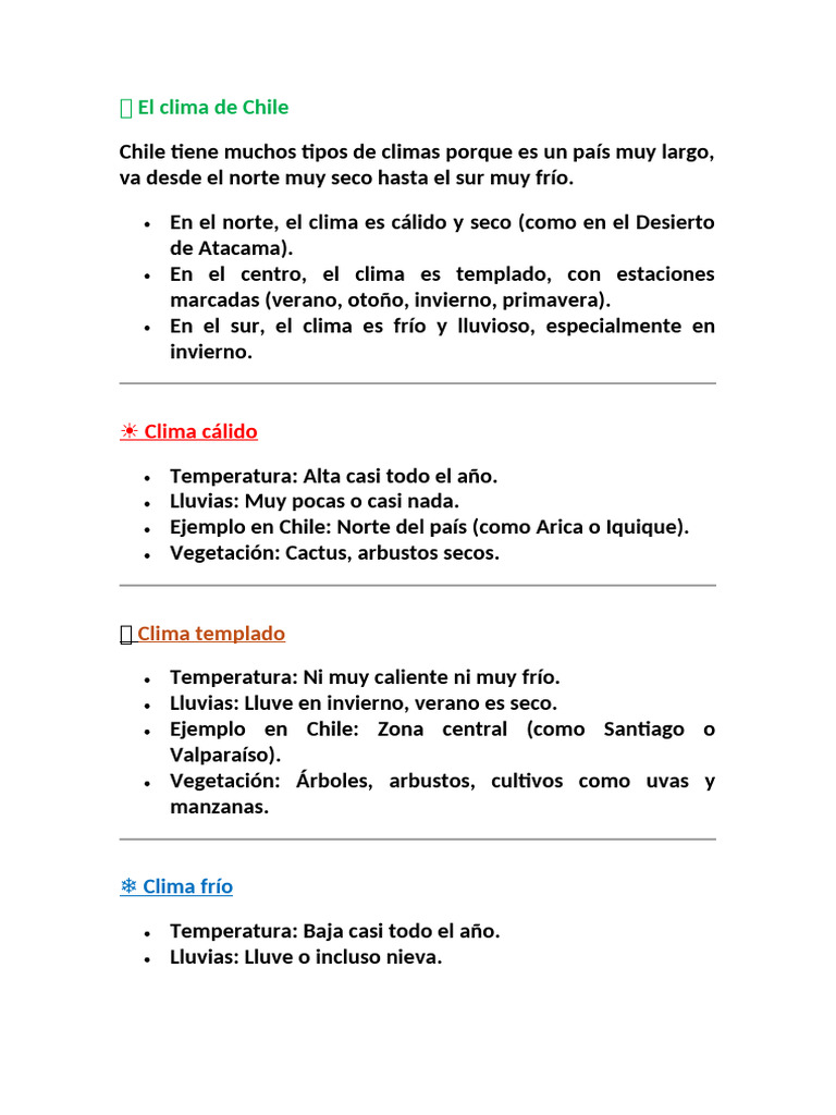 Tipos de clima en Chile: Cálido, Templado y Frío | PDF | Clima templado ...