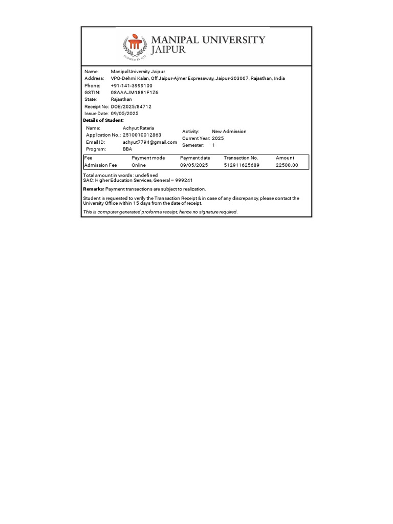 Details of Student:: This Is Computer Generated Proforma Receipt, Hence ...