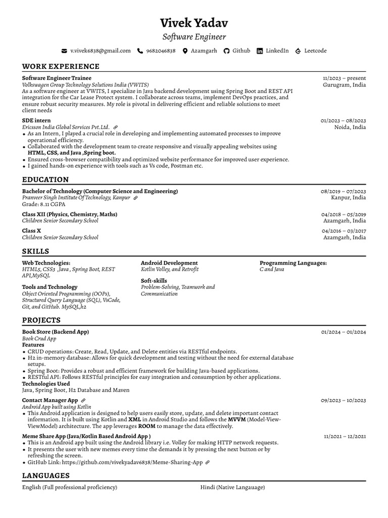 Software Engineer Resume - Vivek Yadav | PDF | Android (Operating ...