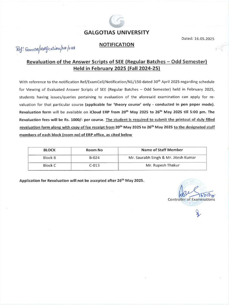 Revaluation of Answer Scripts of SEE (Regular Batches - Odd Semester ...
