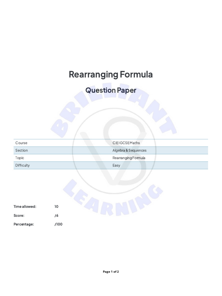 Rearranging Formulae Worksheet PDF | PDF