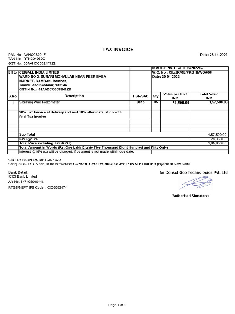 Tax Invoice No.67 CEIGALL For 90% Amt | PDF