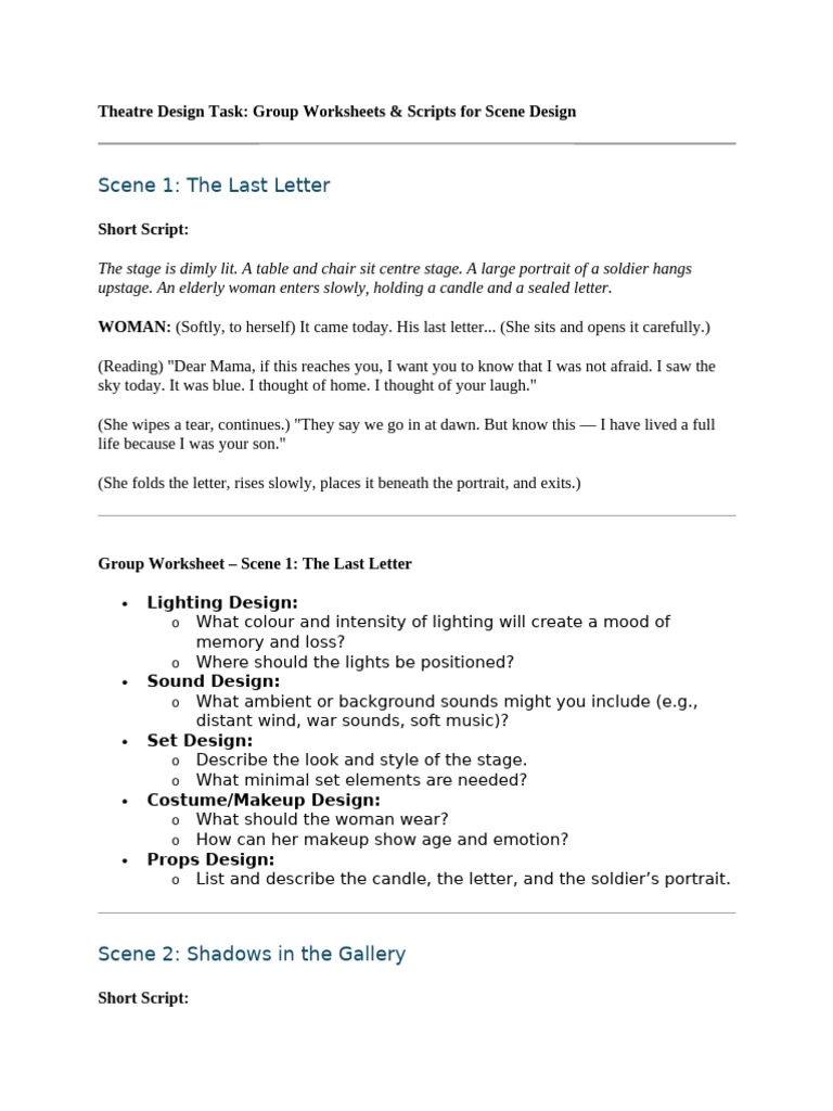 Lighting Design for Scene Worksheets | PDF