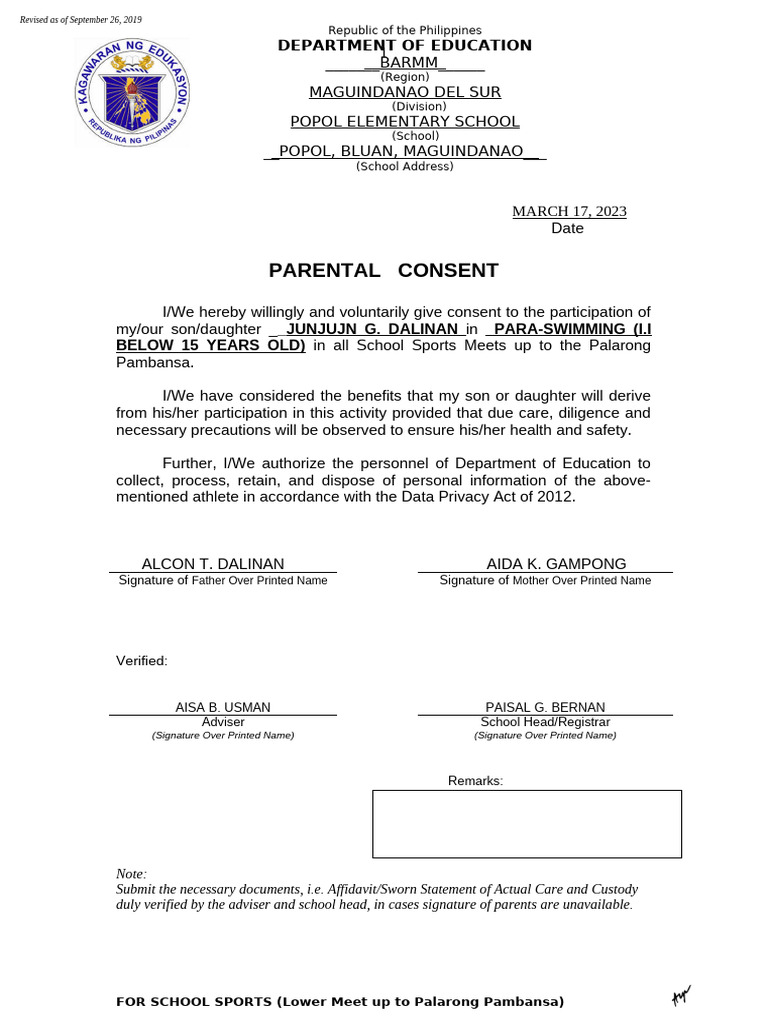 Parental Consent for School Sports Participation | PDF