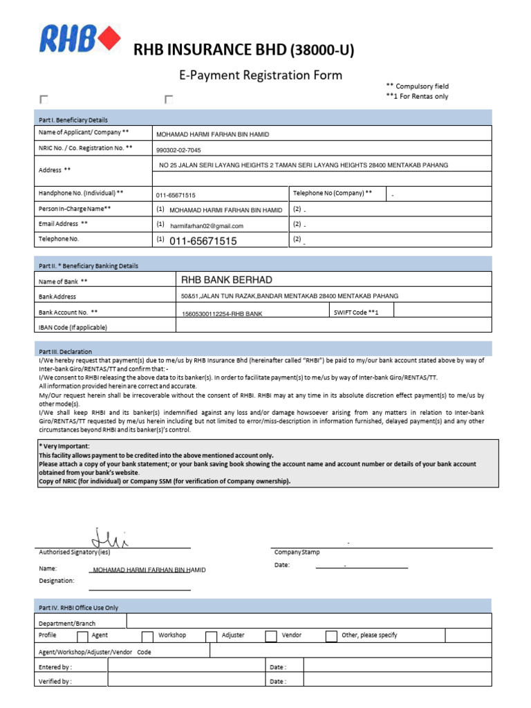 RHB E-Payment Registration Form | PDF | Banking | Financial Services