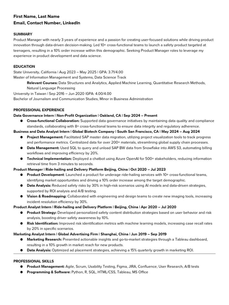 New Graduate Product Manager Resume Template Pdf Data Computing