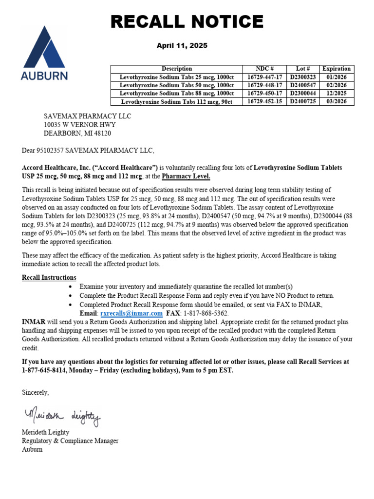 Accord Levothyroxine Recall Notice | PDF | Pharmacy | Medicinal Chemistry