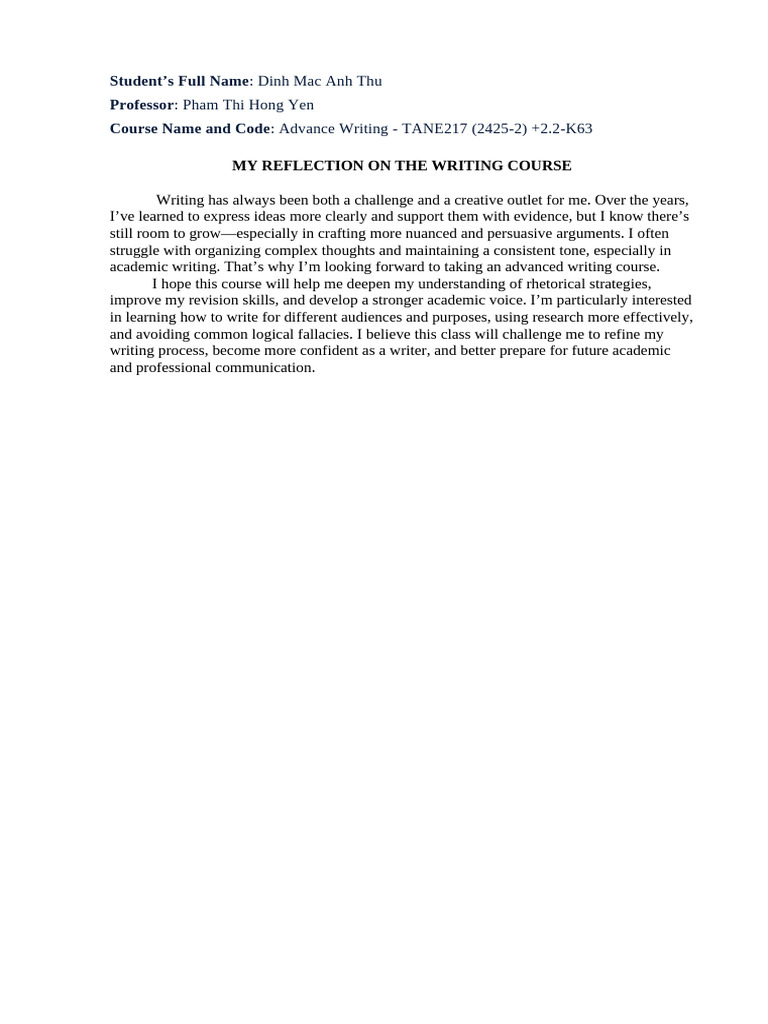 Reflection on Advanced Writing Course | PDF