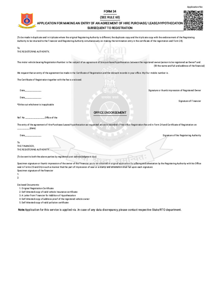 Form 34: Hire Purchase Application | PDF