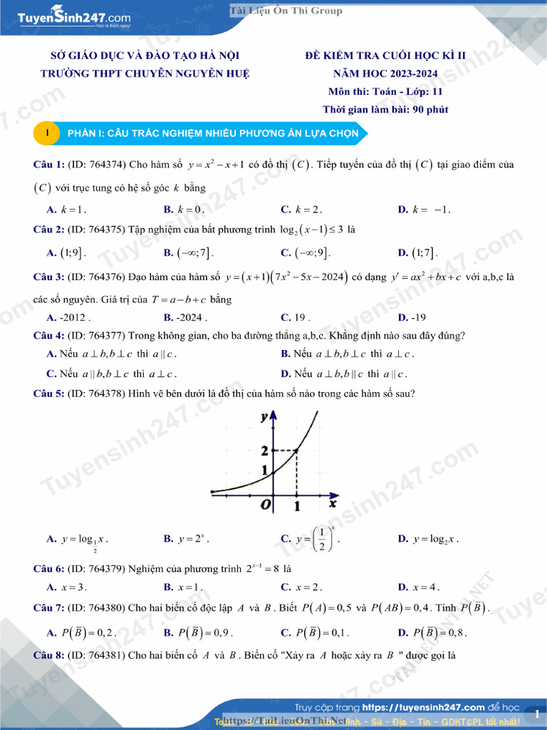De Thi Hoc Ky 2 Toan 11 Nam 2023 2024 Truong THPT Chuyen Nguyen Hue Ha ...