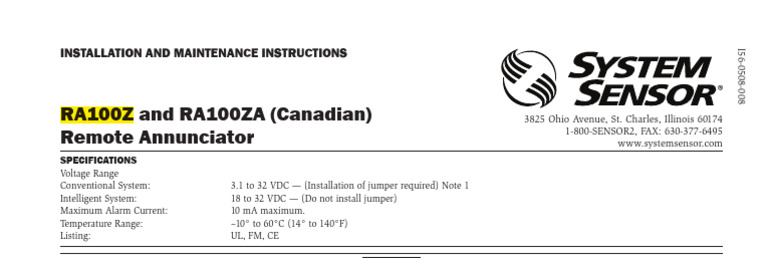 RA100Z/ZA Remote Annunciator Guide | PDF | Sensor | Electrical Equipment