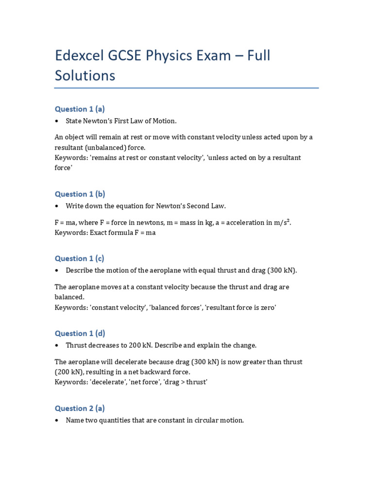 Edexcel GCSE Physics Exam Solutions | PDF | Force | Acceleration