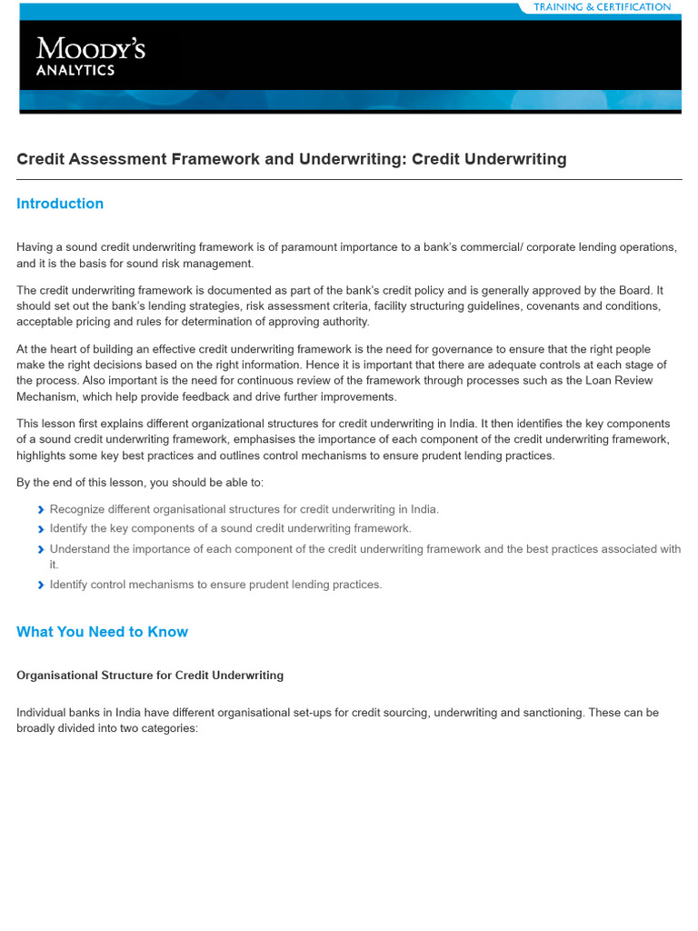 Credit Underwriting Framework Overview | PDF | Banks | Underwriting