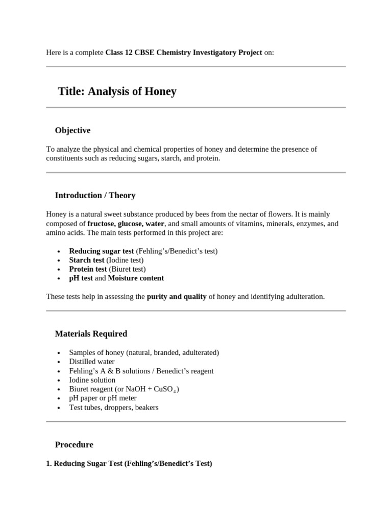 Honey Analysis for Class 12 Project | PDF | Honey | Chemistry
