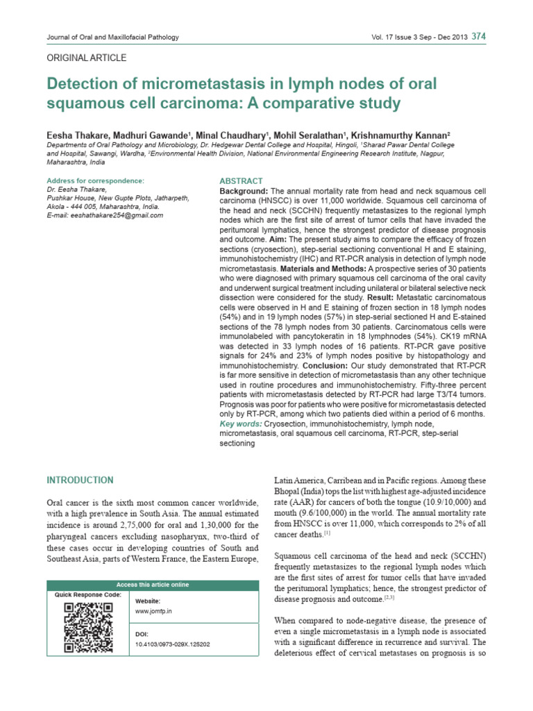 Detection of Micrometastasis in Lymph Nodes of Oral Squamous Cell ...