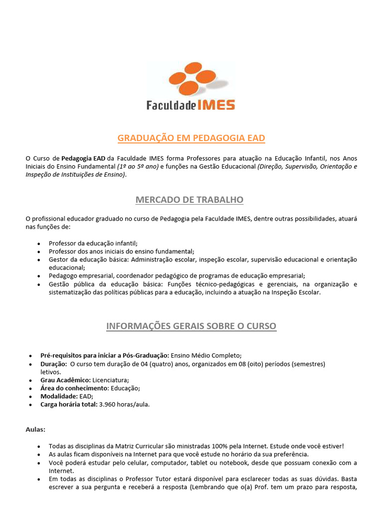 Duração do Curso de Pedagogia EAD IMES | PDF | Pedagogia | Educação à ...