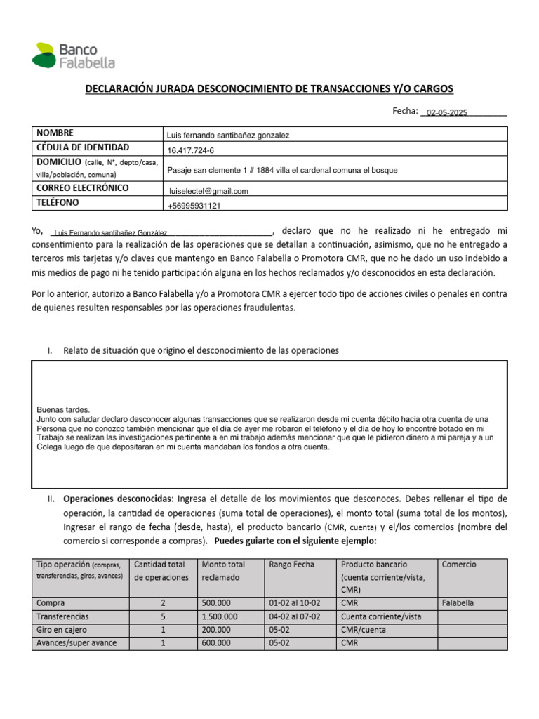 Declaración - Jurada - Ley - 20.009 Completada | PDF | Tarjeta de débito