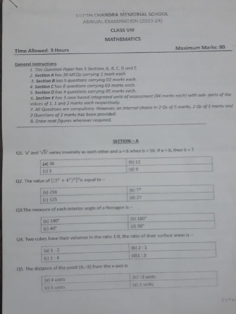 Maths Question Paper Class 8 | PDF