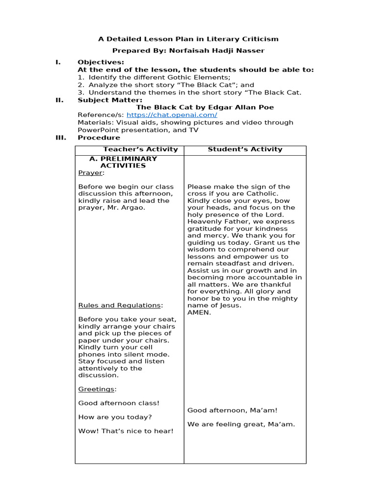 Bsed English Lesson Plan Pdf Gothic Fiction