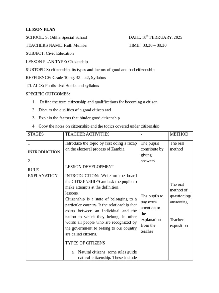 Civic Edu Lesson Plan 13TH | PDF | Citizenship | Naturalization