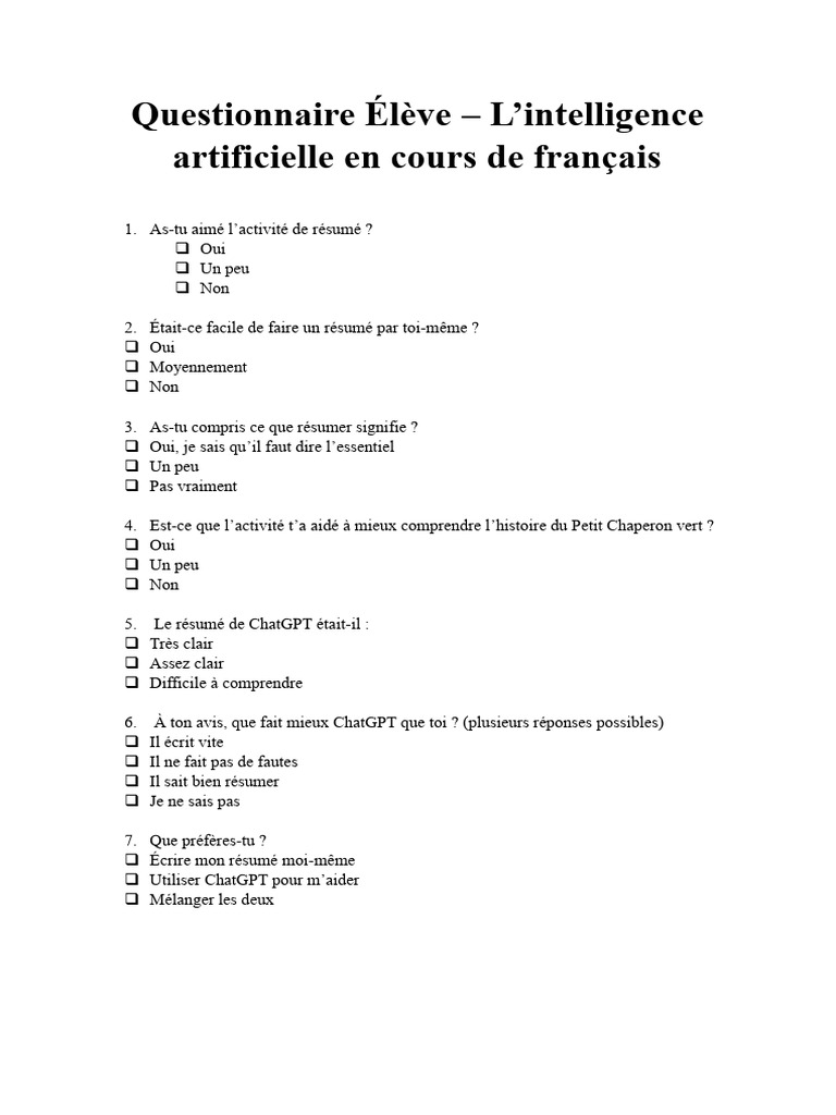 Questionnaire sur l'IA en français | PDF