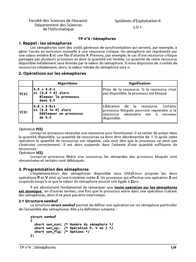 TP Sémaphores en Systèmes d'Exploitation | PDF | Informatique ...