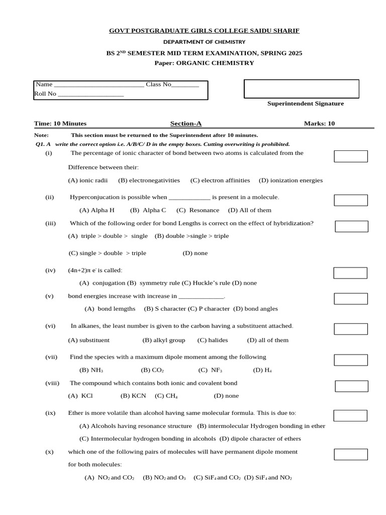 Organic Chemistry Midterm Exam 2025 | PDF | Chemical Bond | Molecules